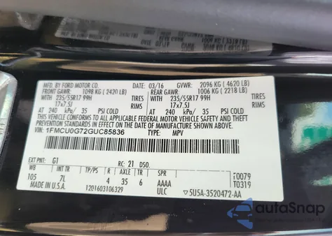 2016 Ford Escape Se from USA, damaged, VIN 1FMCU0G72GUC85836